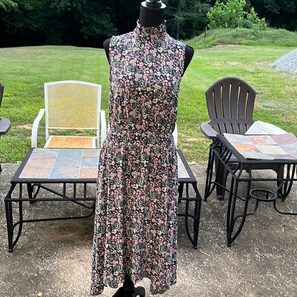 Nanette Lepore Floral High Lo Dress Ruffle Mock Neck Navy Blue Size 2 - Picture 1 of 10